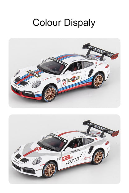 1:32 911 GT3 RSR Miniature Sports Car Model Toys Alloy Diecast Vehicles 4 Doors Opened Pull Back Sound Light Supercar Boys Gifts