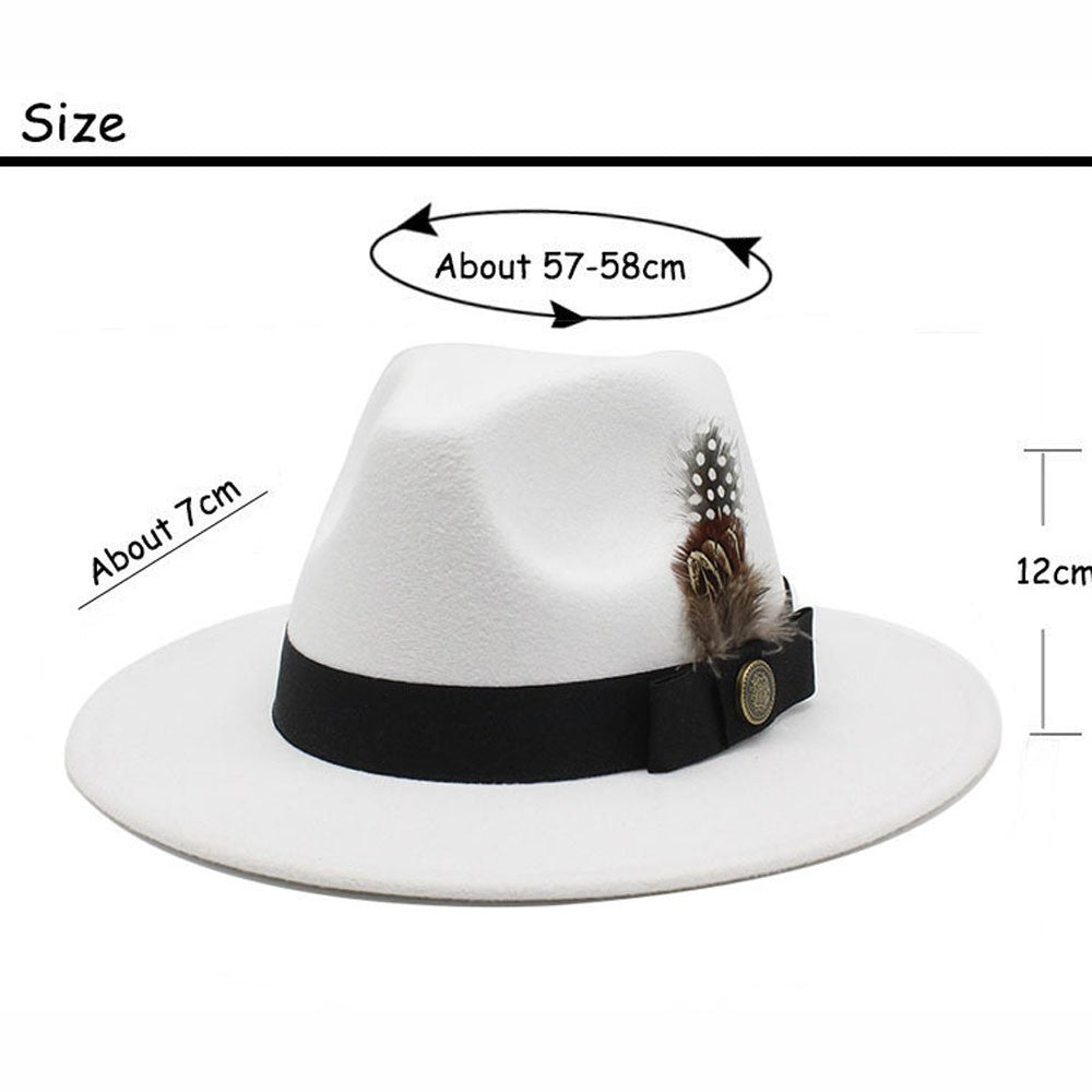 White Woolen Gentleman Classic British Jazz Feather Top Hat Wide Brim Party Church Wedding Fedora Hats Men Women Panama Felt Cap