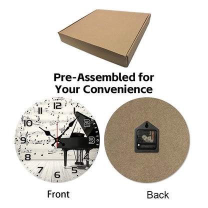 Elegant Piano Notes Wooden Round Silent Hanging Wall Clock, Suitable For Living Room,Office,Study Room, Bedroom, Home Decoration