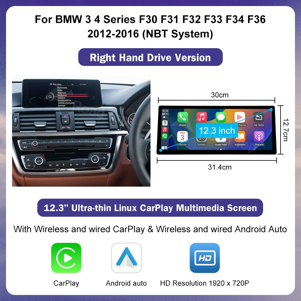 12.3inch Ultra Thin Screen For BMW 1/2/3/4 Series F20 F21 F22 F23 F30 F31 F33 F36 CIC/NBT/EVO Wireless CarPlay Multimedia Radio