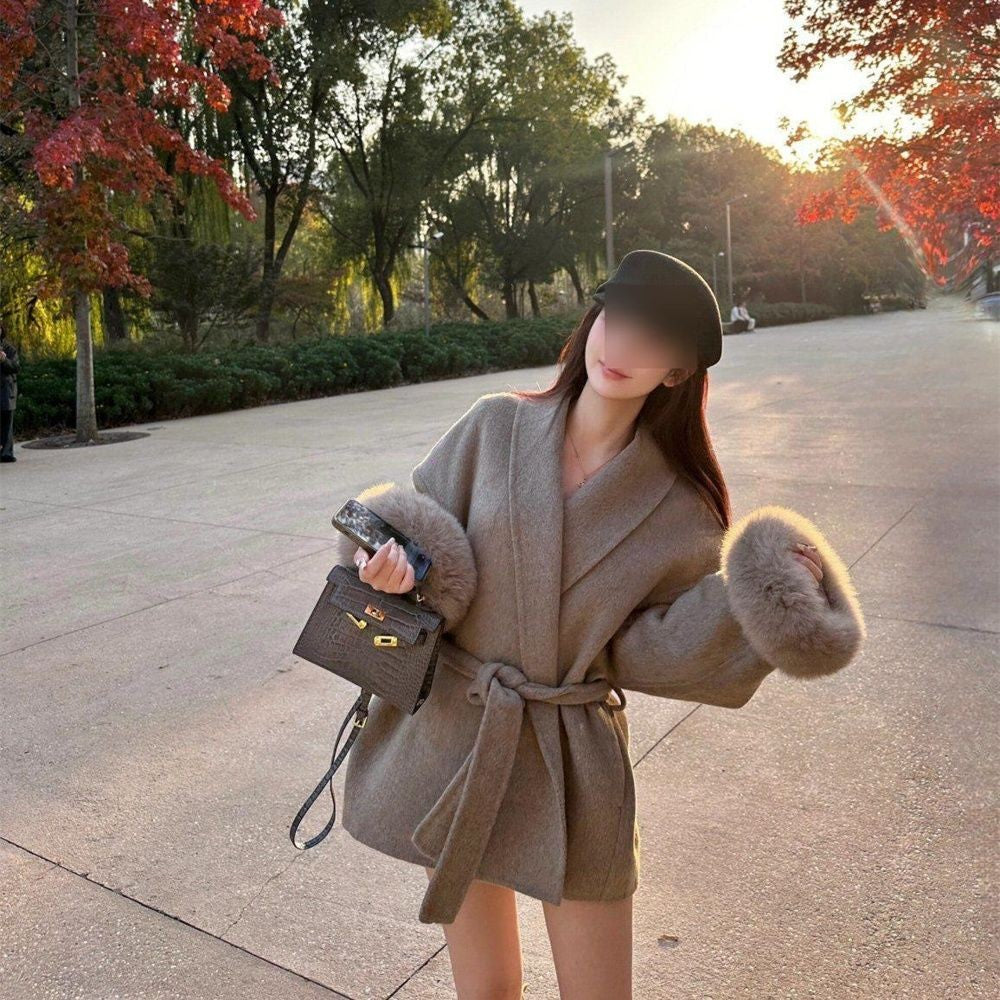 Fox-wool Double-faced Tweed Charming Fur Coat Fashionable Mid-length