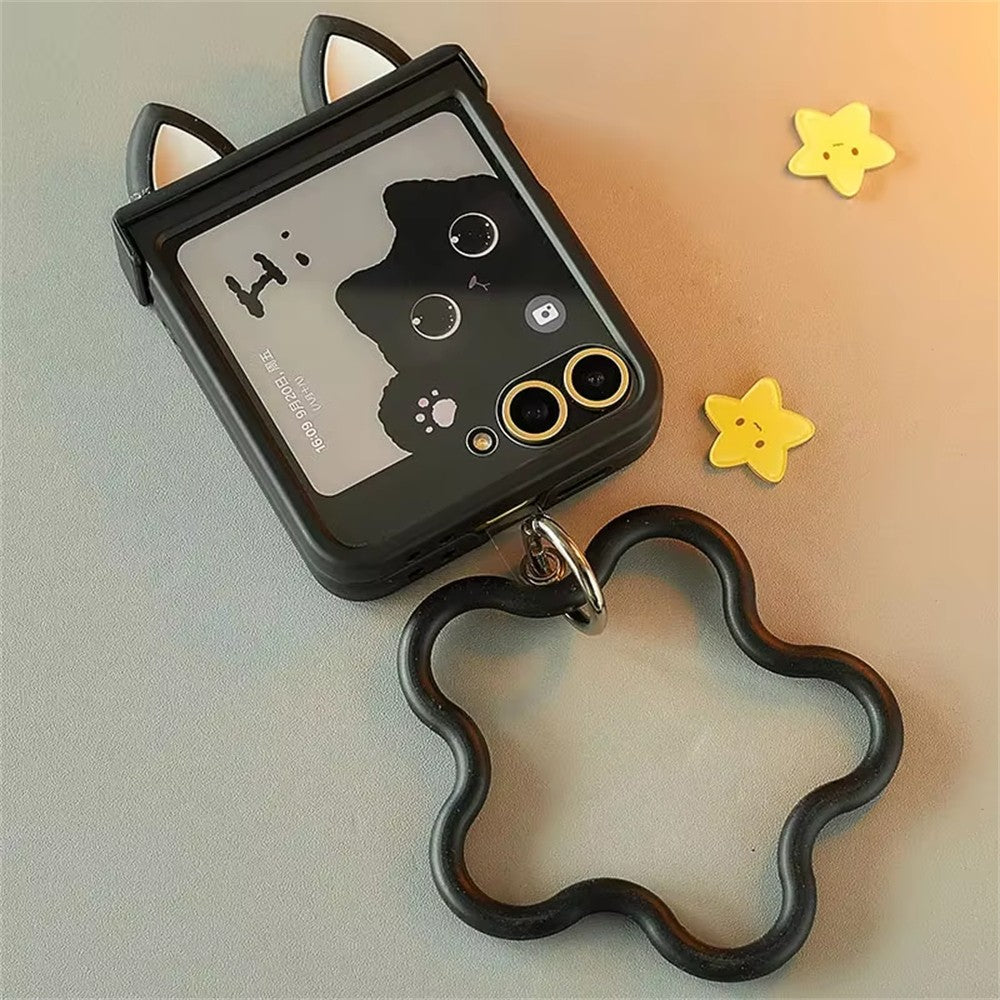 Capa de celular preta com orelhas de gato fofas Coreia Japão para Motorola Razr 60 50 Ultra Razr 40 Ultra para Samsung Galaxy Z Flip 7/6/5/4/3