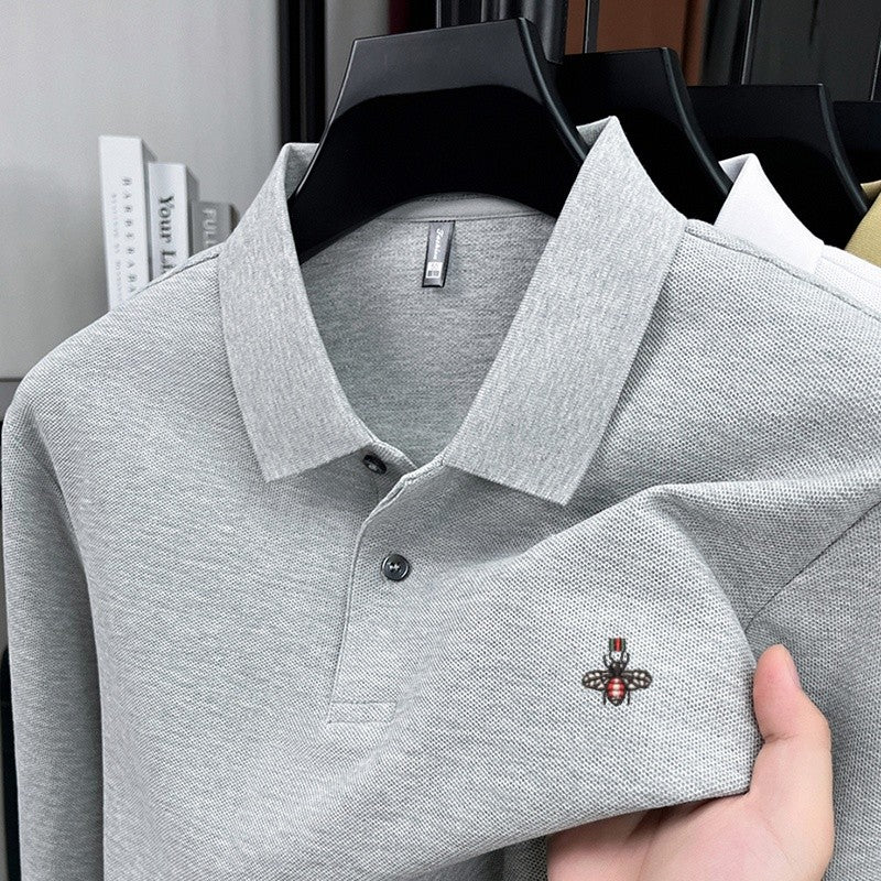 100% pure cotton spring and autumn fashionable men's collar striped long sleeved polo shirt brand embossed casual T-shirt