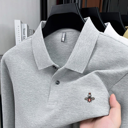 100% pure cotton spring and autumn fashionable men's collar striped long sleeved polo shirt brand embossed casual T-shirt