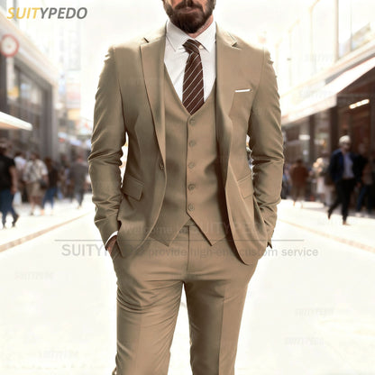 Smart Casual Slim Fit Suit Sets Elegant Notch Lapel Suit Attire 3 Pieces Blazer Vest And Pants Formal Evening Homme Costumes