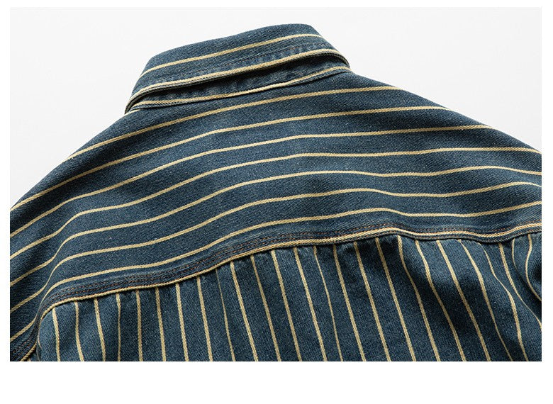 American Retro Workwear Long Sve Denim irt Loose Casual Striped ket irt Youth Trend Autumn Wear Iron Free