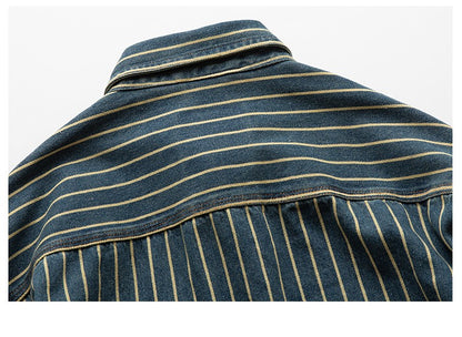American Retro Workwear Long Sve Denim irt Loose Casual Striped ket irt Youth Trend Autumn Wear Iron Free