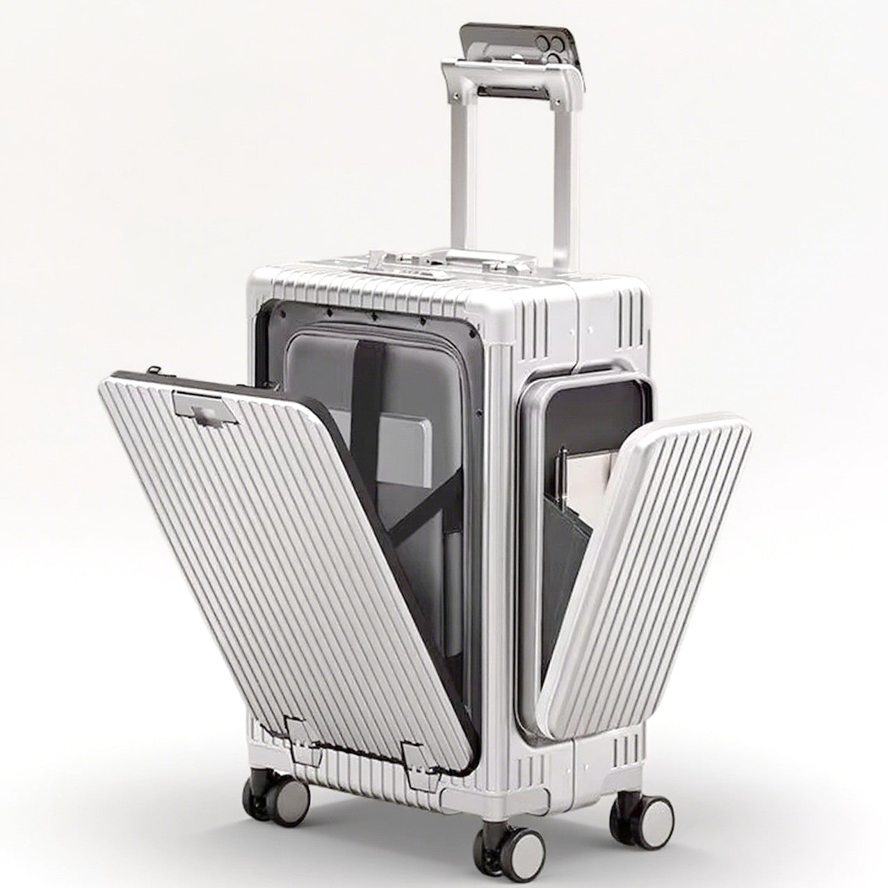 Tri-Zone Access Opening Suitcase Aluminum Frame PC Material Travel Case with Spinner Wheels Cup Holder TSA Lock Rolling Luggage