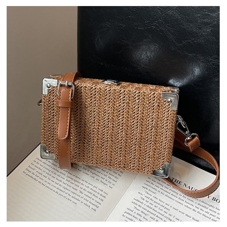 Couple's Sling Bag Straw Weaving with Corner Metal Decoration Boxy Shape Doctor Bag for Date Back to School Party Shoulder Bag
