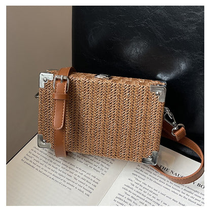 Couple's Sling Bag Straw Weaving with Corner Metal Decoration Boxy Shape Doctor Bag for Date Back to School Party Shoulder Bag