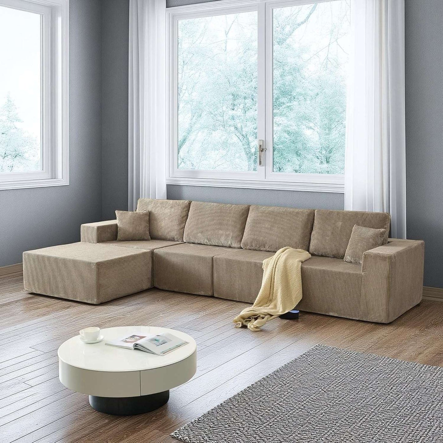 139.3" Luxury L-Shaped Modular Sofa – Corduroy Boneless Cloud Couch with Deep Seat, Movable Ottoman for Living Room