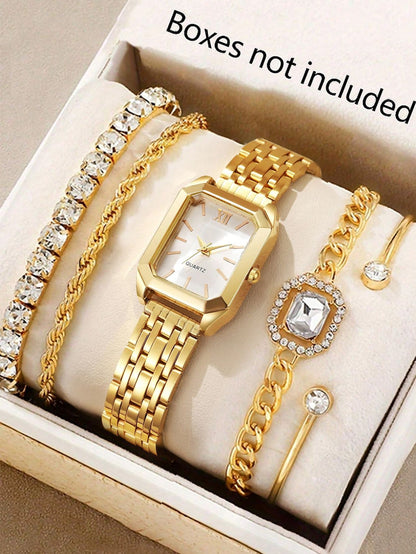 Ladies Quartz Watch Bracelet Set Square Steel Band Minimalist Design Birthday Gift Compact Jewelry Kit without Box