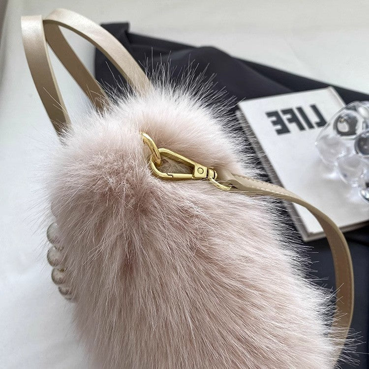 Winter Fashion Faux Fur Crossbody Bags for Women's Gift, Pearl Chain Decor Shoulder Bag, Ladies Handbags Top-handel Bag