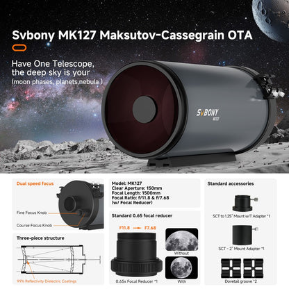 Svbony MK127 Maksutov Cassegrain Telescope OTA 127mm f/11.8 Portable Grab-and-Go Design for Lunar Planetary Nebula Observation