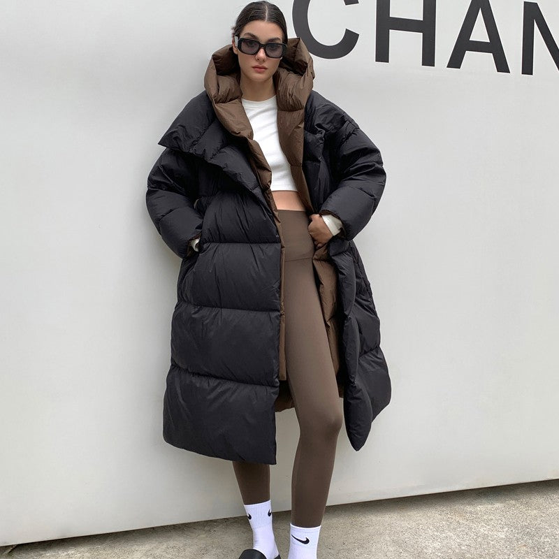 Janveny Fluffy White Duck Down Jacket Women Winter Thickness Warm Long Puffer Coat Hooded Female Fashion Fake Two-piece Parkas
