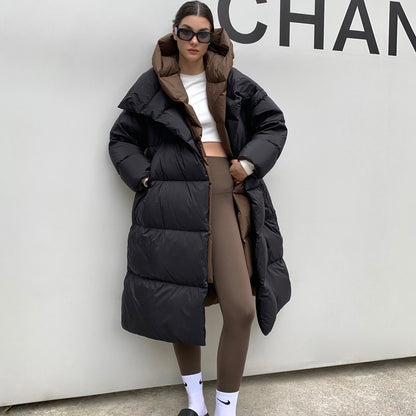 Janveny Fluffy White Duck Down Jacket Women Winter Thickness Warm Long Puffer Coat Hooded Female Fashion Fake Two-piece Parkas