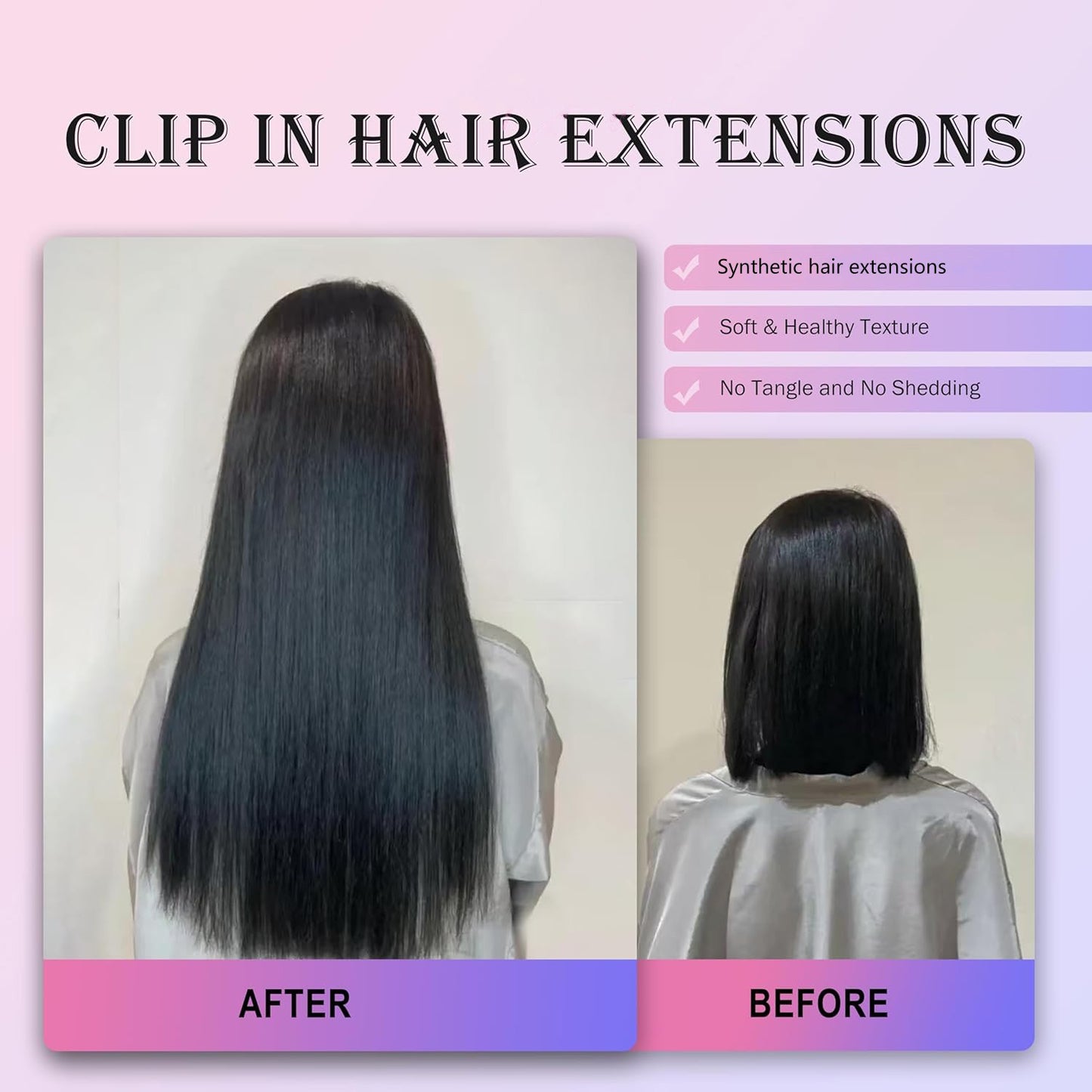 Extensões de Cabelo Sintéticas Pretas Lisas de 22 Polegadas de Comprimento 130g 7 Peças com Presilhas