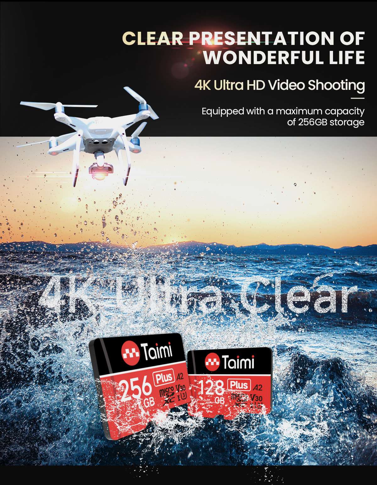 Cartão de memória Taimi Ultra microSDXC UHS-I - C10, U3, Full HD, A2, cartão MicroSD de 64 GB 256 GB para gravação e leitura em alta velocidade