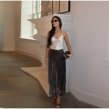 Tassel Leather Midi Skirt Women Solid High Street High-waist A-line Bodycon Long Skirts Spring Summer 2026 Chic All-match Outfit