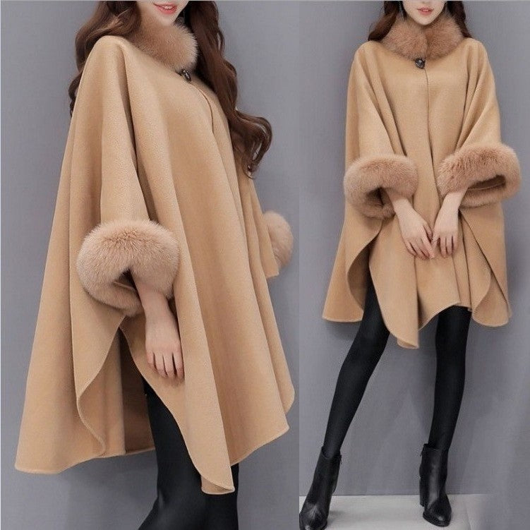 Women Wool Mid Length Coats Jackets Blends Fur Collar Cloak Coat Y2k Streetwear Jacket Work Outerwear Autumn Winter 2025