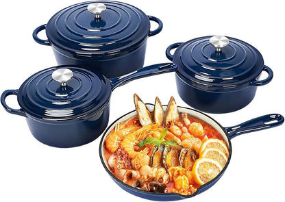 Nonstick Enameled Cast Iron Cookware Set, Frying Pan Skillet- 7-Pcs Pots and Pans with Lid, Healthy Round Dutch Oven Pot for Sou