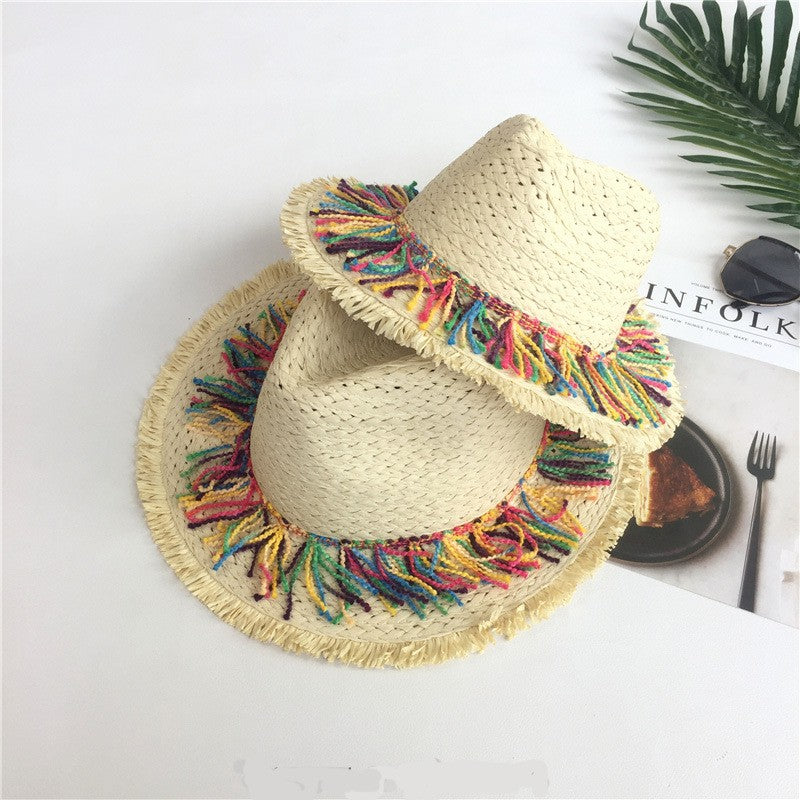 2024 Chapéu de Palha Decorado com Fita de Borla Colorida, Chapéu de Sol com Proteção, Chapéu de Praia Feminino Moderno, Boné Jazz de Verão para Mulher