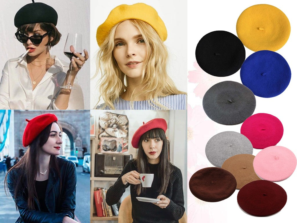 Boina de lã sintética quente de inverno feminina meninas artista francesa gorro chapéu vermelho preto roxo bege laranja Kawaii bonés de topo plano aquecedores