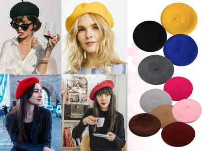 Boina de lã sintética quente de inverno feminina meninas artista francesa gorro chapéu vermelho preto roxo bege laranja Kawaii bonés de topo plano aquecedores