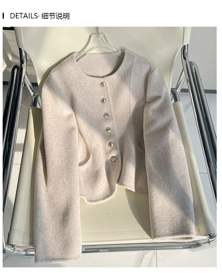 Women's New Round Neck Single-breasted Double-sided Tweed Coat Fashionable Casual and Versatile Elegant Top