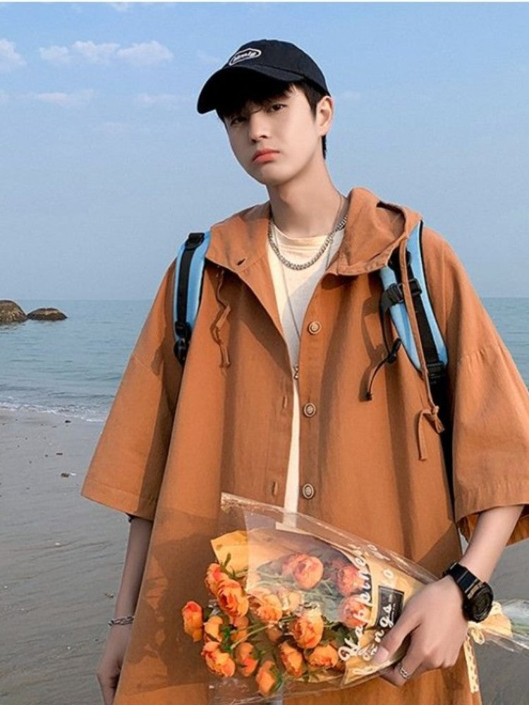 Gmiixder Hooded Short-sleeved Shirts for Men Women Japan Summer Trend Cityboy Solid Blouse Unisex Cargo Button Up Shirt Jacket