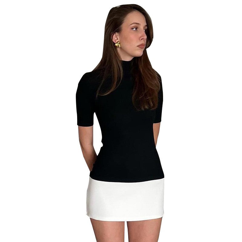 Summer 2025 Turtleneck Half Sleeve Mini Dresses French Style Fashion Elegant Bla