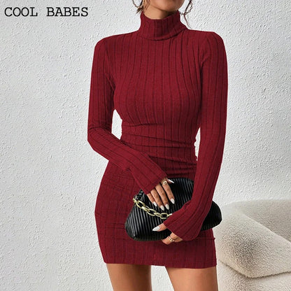 Women Dresses Elegant Party Autumn Winter New Turtleneck Long Sleeves Sexy Sheath Mini Dresses Bodycon Club Knitted Dress