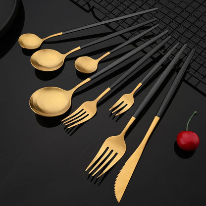 Talheres de Aço Inoxidável Preto Dourado Kit de Talheres Faca de Jantar Colher de Café Garfo Garfo de Salada Colher Faqueiro