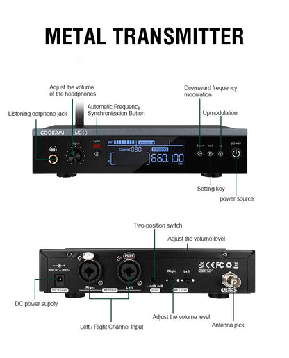 Sistema Sem Fio de Monitoramento Intra-Auricular UHF Gooermi LM210 Canal Estéreo Com Múltiplos Transmissores Para Pequenos Concertos e Home Theater