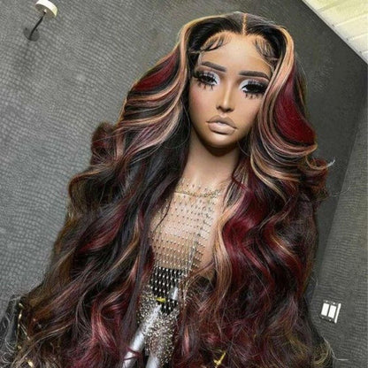 Peruca frontal de renda 13X6 preta com destaque loiro vermelho peruca sintética 13x4 pré-selecionada com linha do cabelo peruca frontal de renda feminina