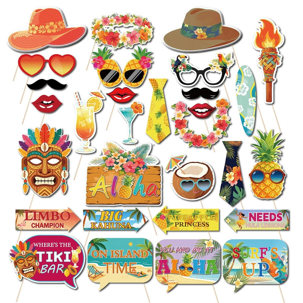 30Pcs Aloha Hawaiian Luau Photo Booth Props Tropical Tiki Aloha Summer Beach Pool Party Decorations Handheld Photography Props