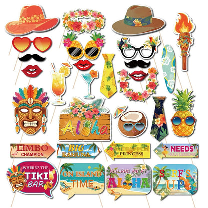 30Pcs Aloha Hawaiian Luau Photo Booth Props Tropical Tiki Aloha Summer Beach Pool Party Decorations Handheld Photography Props