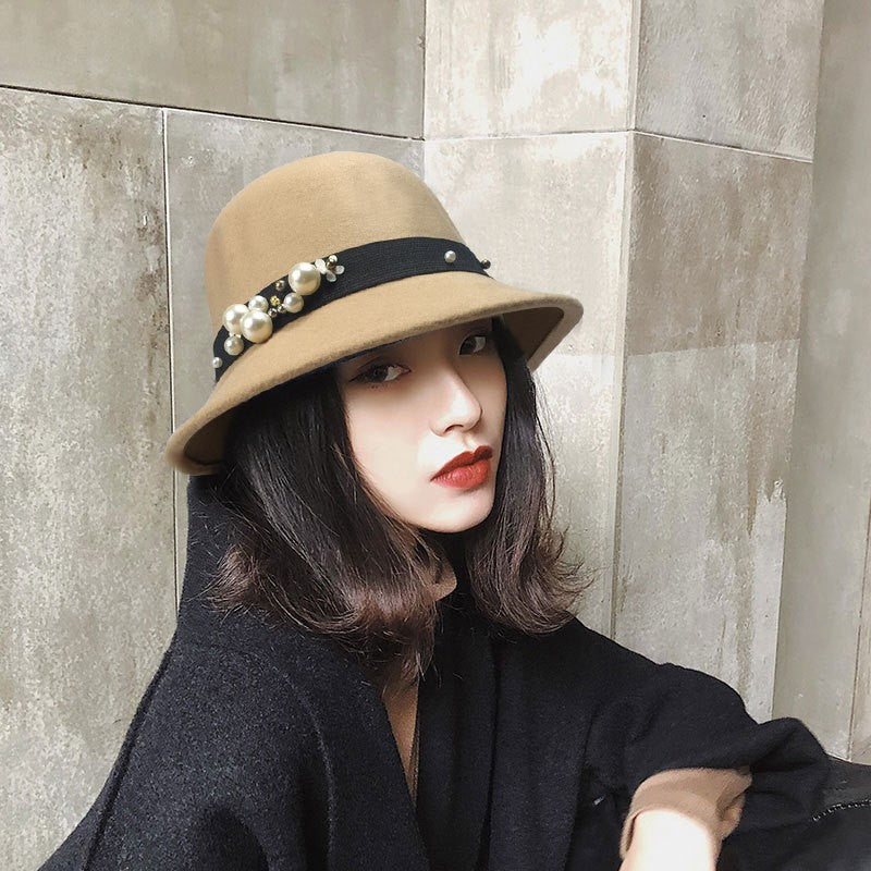 Elegant Women Pearl Ribbon Fedora Hat Autumn Winter Warm  Imitation Woolen Bowler Cap Solid Color Felt Hats