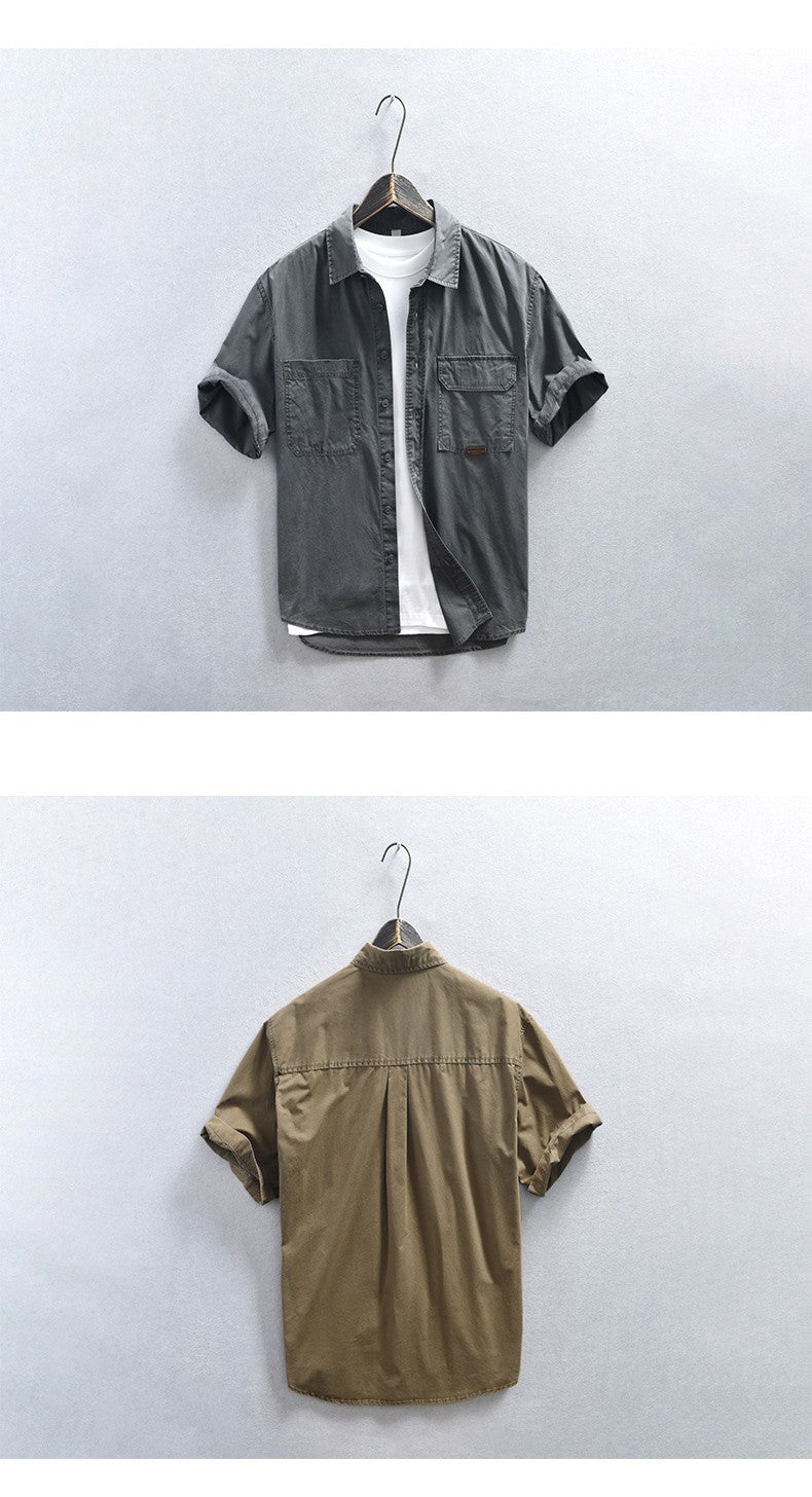 Summer Short Sleeve Cargo Shirts For Men American Work Attire Retro Absorbent Pure Cotton Shirt Double Chest Pockets