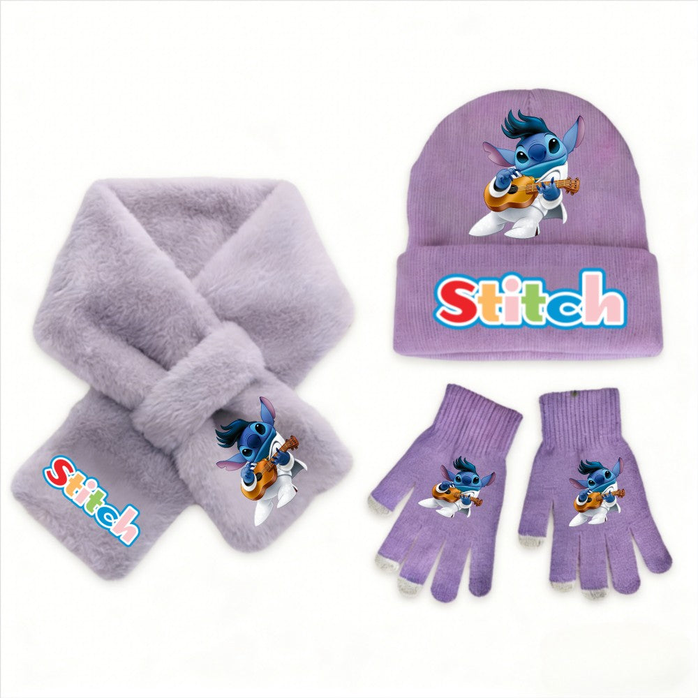 Conjunto de 3 peças de chapéu, cachecol e luvas de malha de inverno Stitch Disney Kawaii quente para meninas Acessórios casuais de moda infantil presente de Natal perfeito
