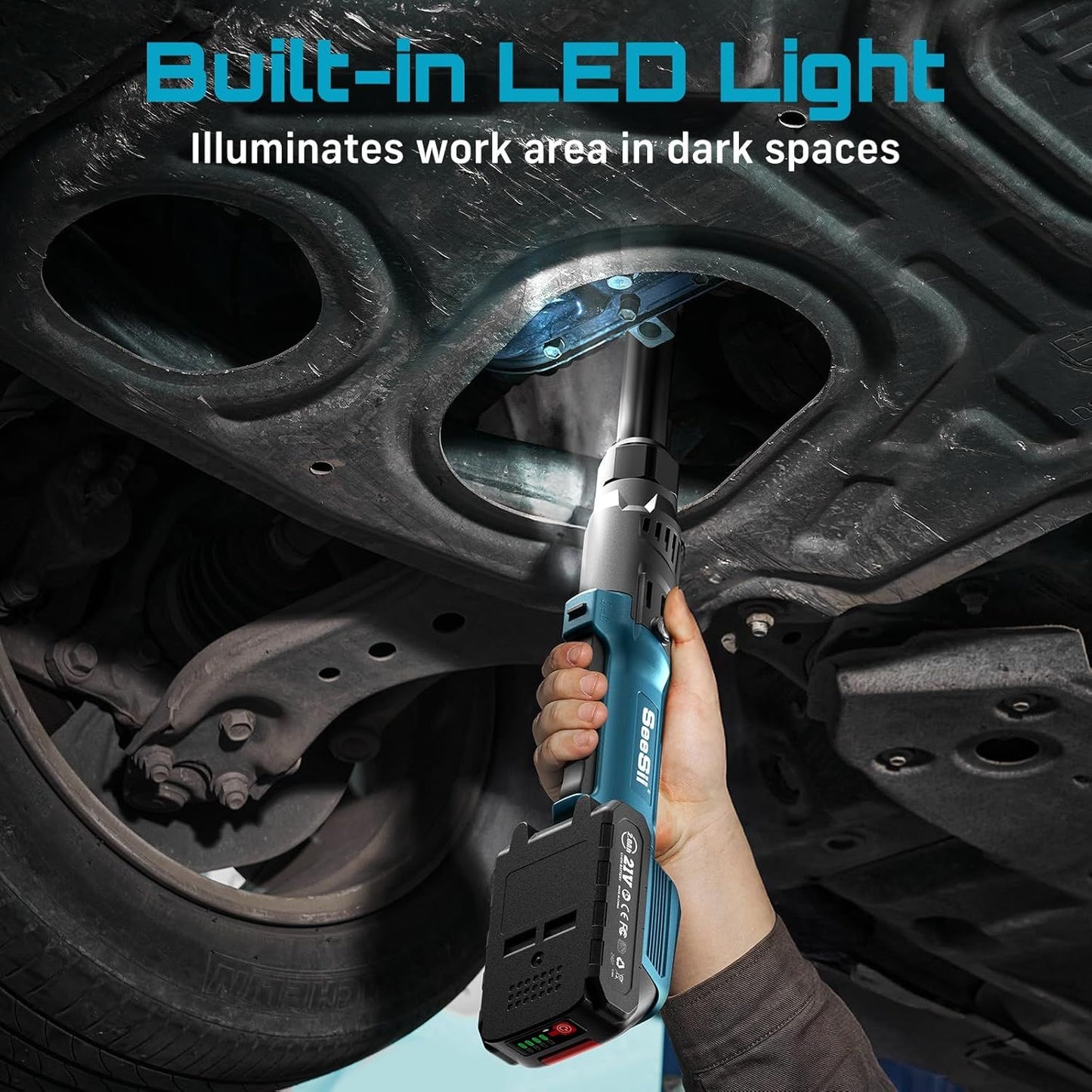 Chave Elétrica Sem Fio Seesii 3/8" 21V 80Nm 6,3'' Chave Catraca Elétrica Estendida Recarregável Ferramentas para Reparo Automotivo