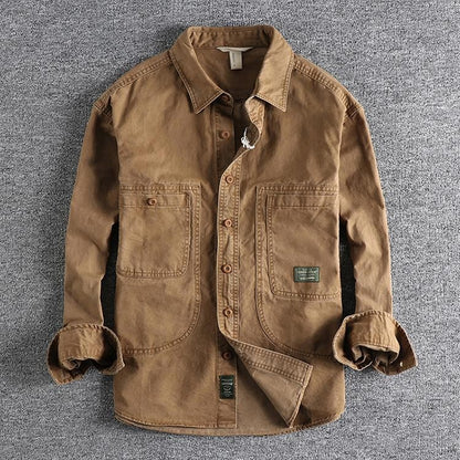 2025 Autumn New American Retro Woven Twill Cargo Shirt Men's Fashion 100% Cotton Washed Long Sleeve Double Pocket Casual Jacket