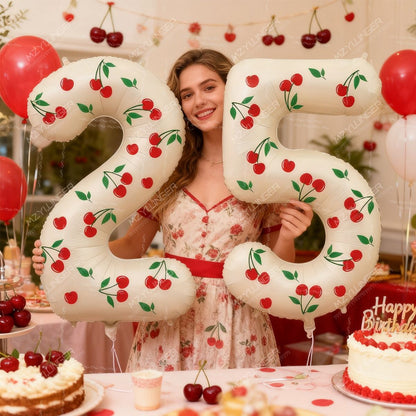 Cream White Number 0-9 Foil Balloons with Cherry Stickers Perfect for Cherry Theme Birthday Party Engagement Wedding Room Decor