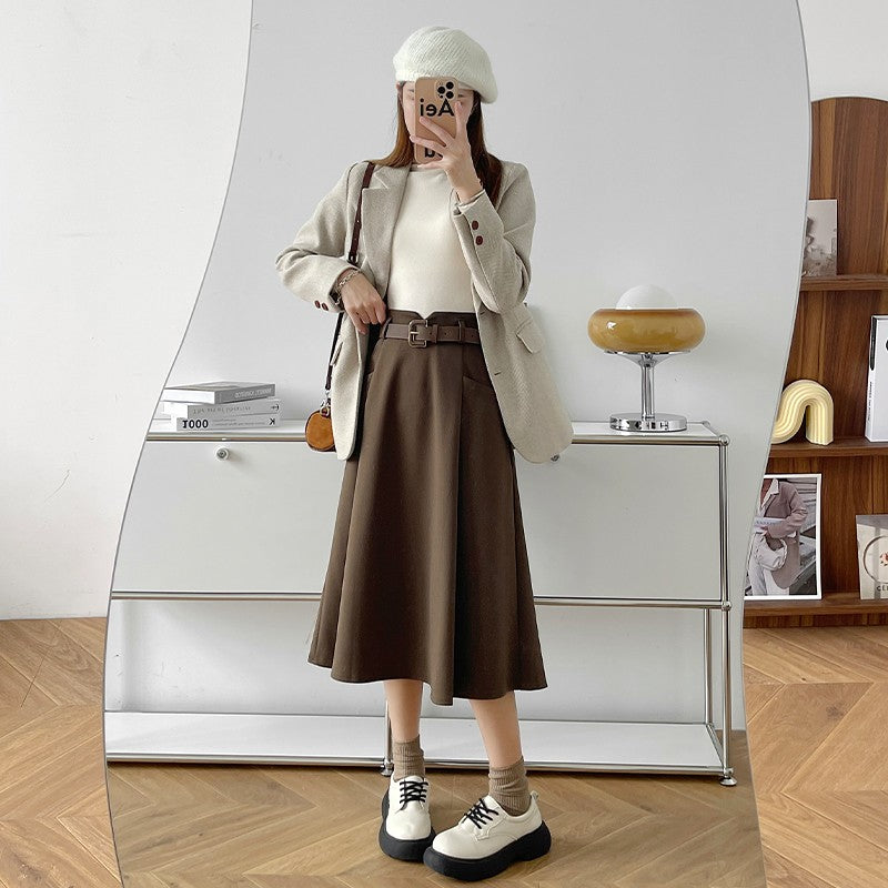 Plus Size Woolen Skirt Women 2024 Autumn Winter New Arrivals High Waist A Line Skirt With Belt Korean Fashon Skirts Womens