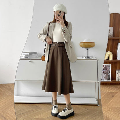 Plus Size Woolen Skirt Women 2024 Autumn Winter New Arrivals High Waist A Line Skirt With Belt Korean Fashon Skirts Womens