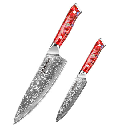 SANMUZUO Conjunto de Facas de Cozinha 2 Peças - Série Xuan Faca de Chef e Faca Utilitária de Aço Damasco Ultra Afiadas - Cabo de Resina para Culinária Diária
