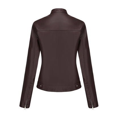 Black Women's Fitted Leather Jacket with Front Zipper & Side Pockets?, Available in Brown, Navy Blue, and Beige.