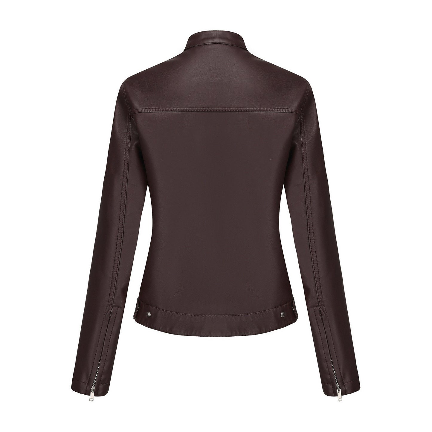 Black Women's Fitted Leather Jacket with Front Zipper & Side Pockets?, Available in Brown, Navy Blue, and Beige.