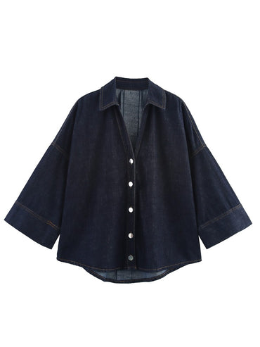 XNWMNZ 2025 Summer Woman's Casual Commuting Long Sleeve Denim Long Sleeve Top Simple Lady Blue Turn-down Collar Fashion Shirt