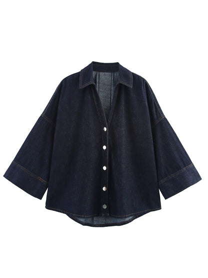 XNWMNZ 2025 Summer Woman's Casual Commuting Long Sleeve Denim Long Sleeve Top Simple Lady Blue Turn-down Collar Fashion Shirt